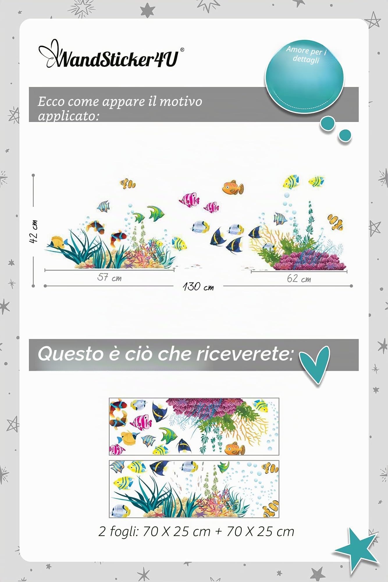 WandSticker4U®- Adesivi murali marini MONDO SOTTO MARINO impermeabile (130x42 cm) I Adesivi parete bagno piastrelle mare pesci oceano I Decorazioni stickers muro cameretta bambini pesce