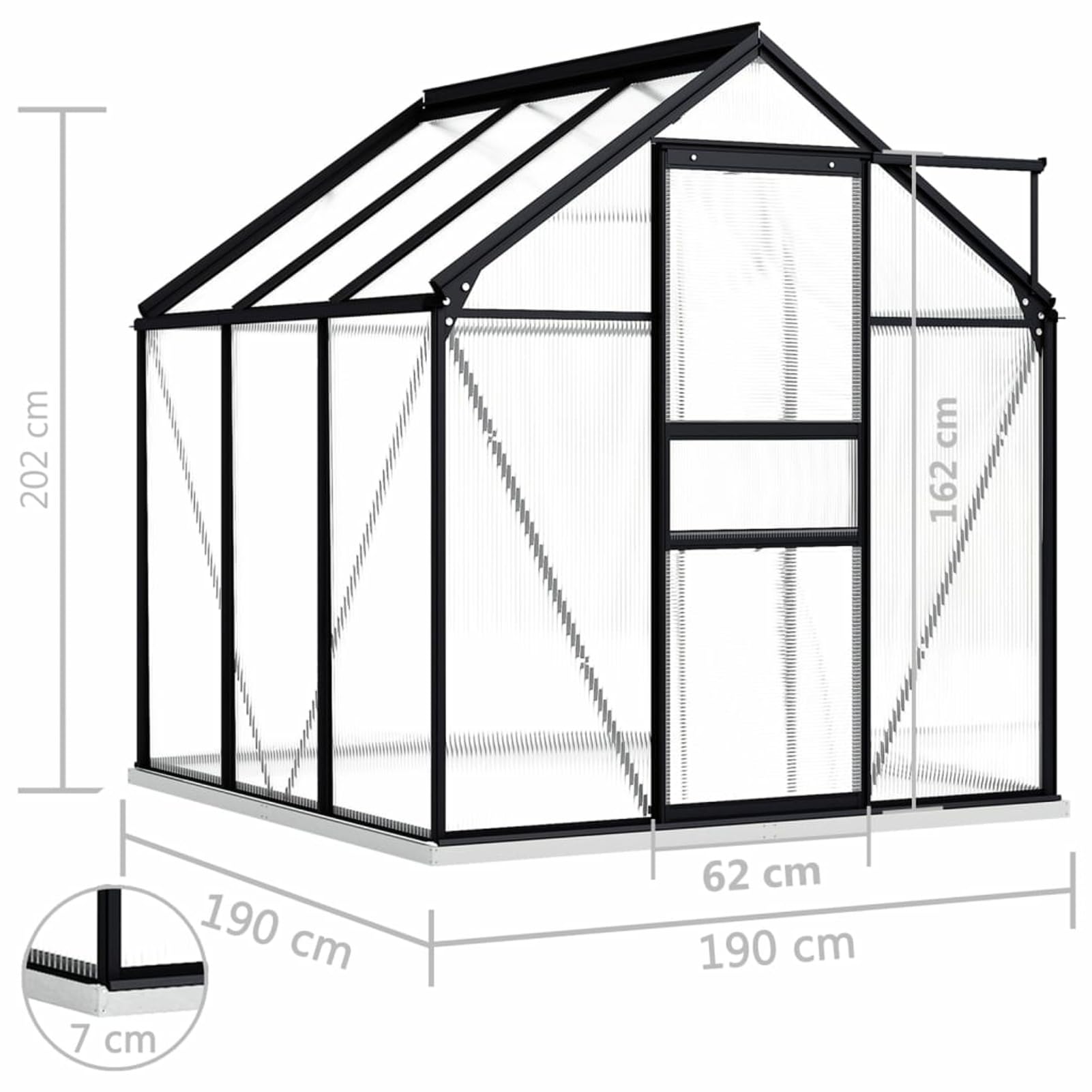 Begehbares Gewächshaus aus Polycarbonat mit Aluminium Fundamentrahmen für Garten 190x190x202cm 3,61m² Grow House mit Fundament Bodenbefestigung für Pflanzen und Gartenhaus