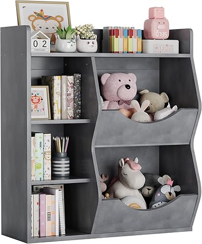 Organizador de almacenamiento de juguetes de 3 niveles para niños, estantería de doble cara gris, estantería de 5 compartimentos y estante de