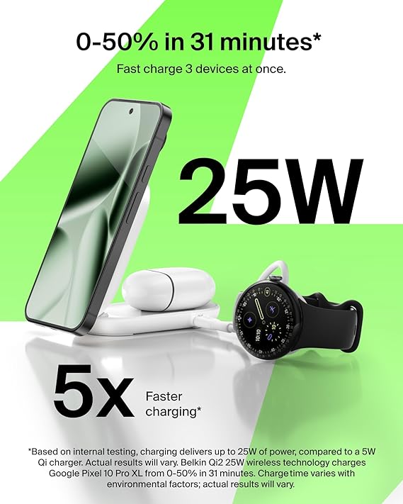 Belkin MagSafe Charger, Compatible 2-in-1 Charging Station, Qi2.2 25W Magnetic Wireless Charger iPhone, Foldable Stand, with 5W USB-C Port, for iPhone 17/16/15, Pixel 10, AirPods, 45W Adapter Included