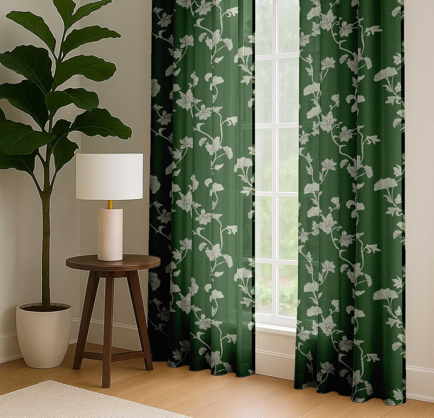 Cotton Curtains for Windows - 3-in-1 Rod Pocket/Back Tab Short Window Drapes - Light Filtering Cotton Canvas Panels - Set of 2, 52"x63" - Floral Print (Green)