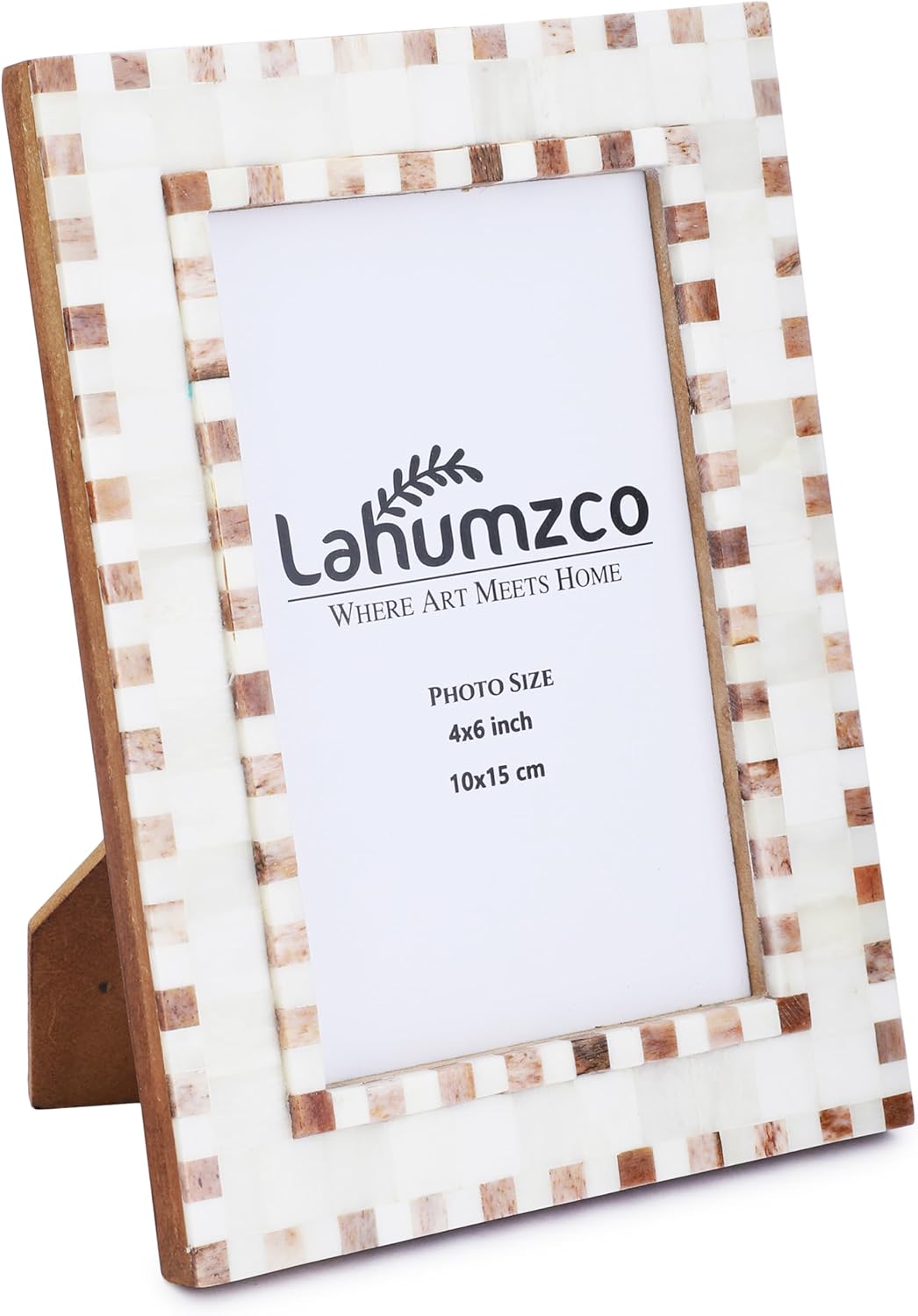 Condition photo showing New/Like New for Bone Picture Photo Frame Checkered Pattern Beading Art Inspired Vintage Table-Top/Wall Décor Handmade Frames (4x6 Inches, Brown, White) 4x6 Inch Brown, White