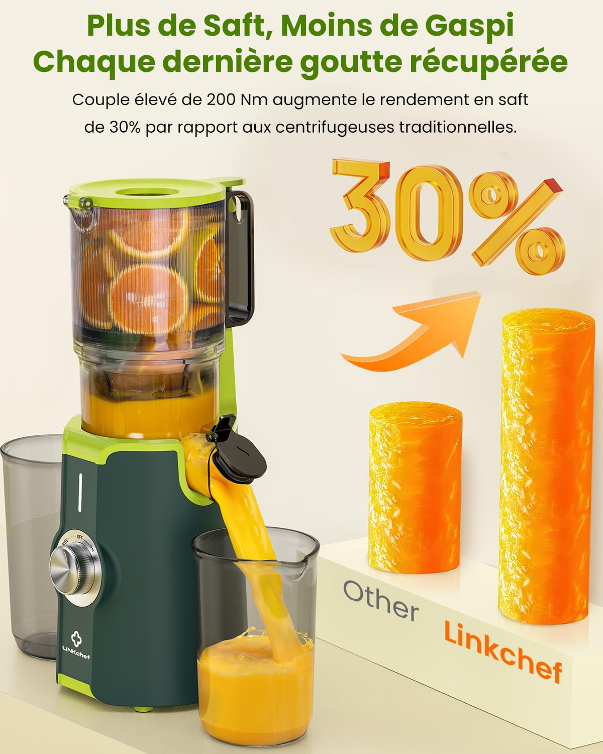 LINKChef Extracteur de Jus Vertical | Slow Juicer 200W | Goulot Large 115 mm pour Fruits & légume Entiers | Avec Livre de Recettes, Nettoyage Facile, Sans BPA, Vert