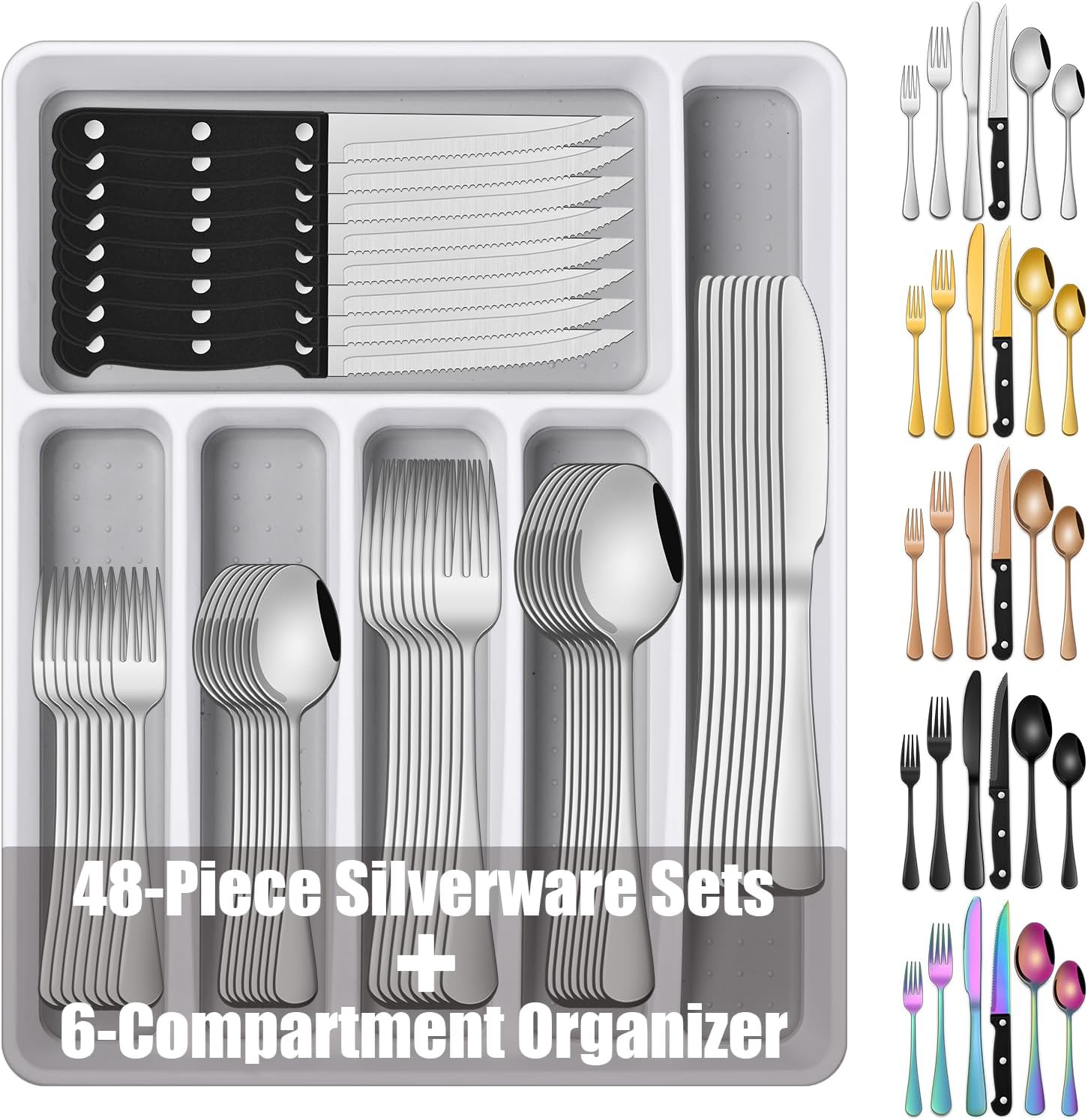49 Pieces Silverware Sets With Organizer And Steak Knives,Stainless Steel Flatware Sets Service For 8 Person For Home Kitchen,Tableware Cutlery Sets,Includes Knife Spoon and Forks Sets