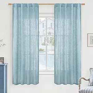 LAMIT Stone Blue Semi Sheer Window Linen Curtains 63 Inch Length, Light Filtering Panels Back Tab and Rod Pocket Country Decor Drapes for Bedroom/Living Room, 2 Panels, 34 x 63 Inch