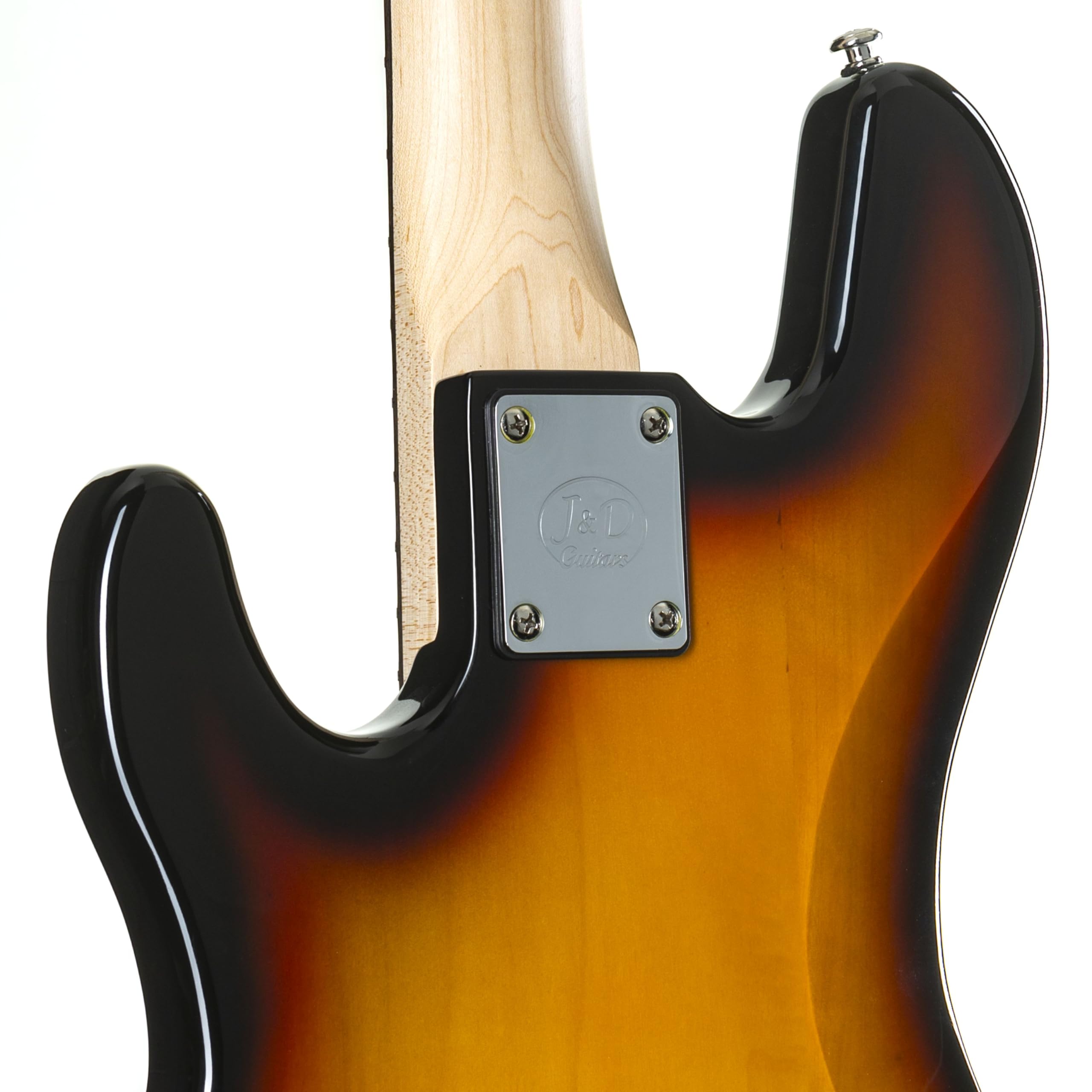 J & D E-Bass, Bass Gitarre mit 4 Saiten und Linde Korpus, JB Bass mit Split-Coil Tonabnehmer und Single Coil, passive Elektronik, 3-Tone Sunburst