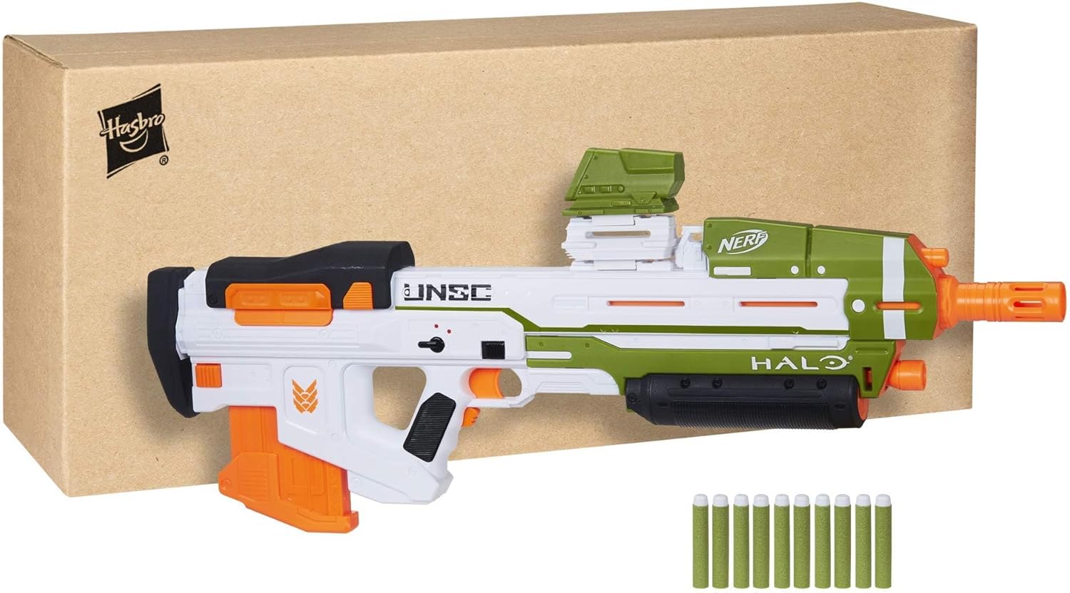 Nerf Halo MA40 Motorized Dart Blaster - Includes Removable 10-Dart Clip, 10 Official Nerf Elite Darts, and Attachable Rail Riser