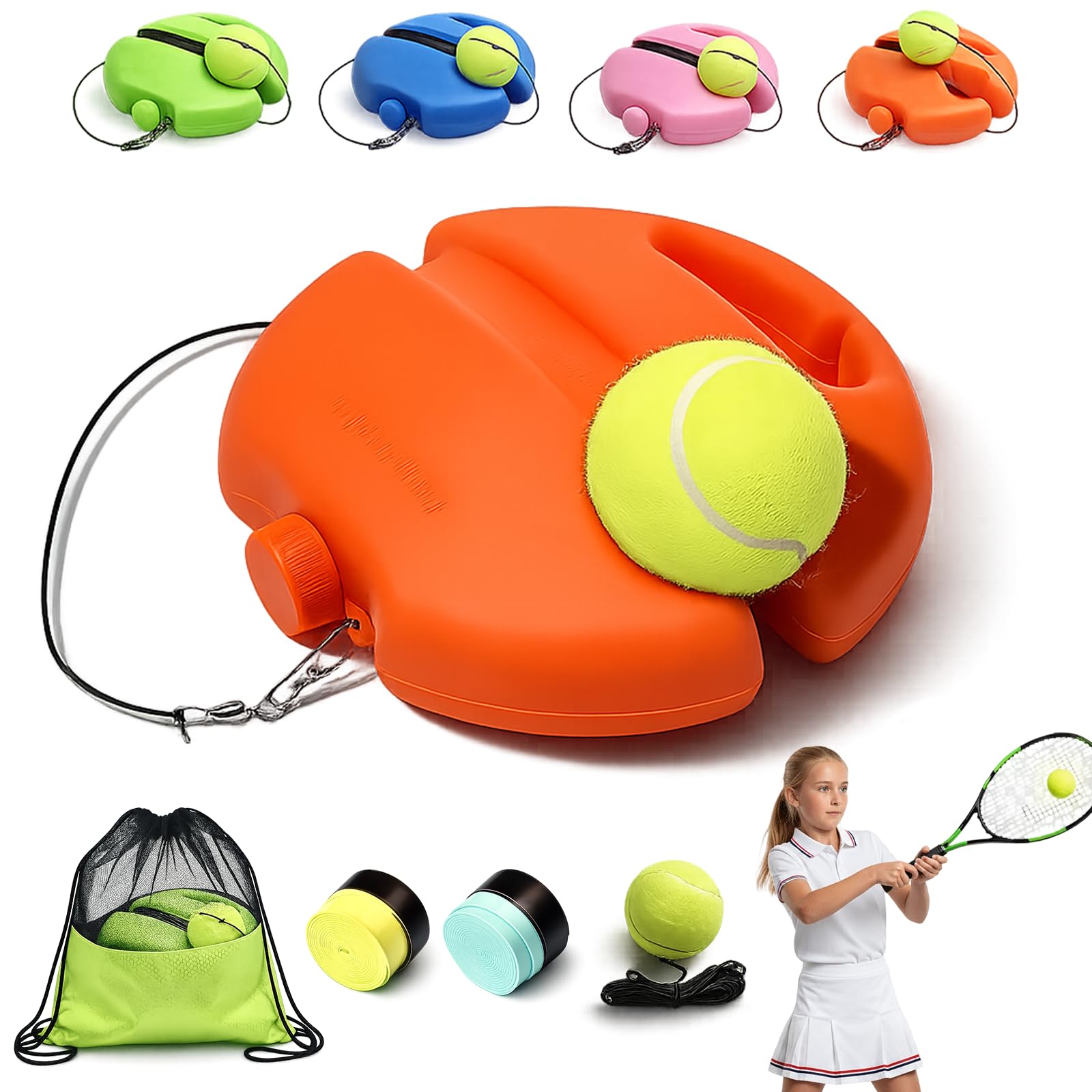 2026 New Tennis Ball Training Baseboard - Solo Tennis Trainer Rebound Ball with Anti-Tangle String & Weighted Anti-Slide Base, Portable Practice Equipment for Adults, Beginners (Orange,1Set + 1Ball)