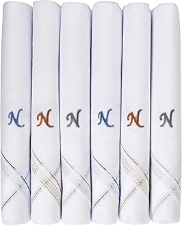 Men's Initial Monogram (A-Z) Embroidery 100% Pure Cotton Handkerchief White Base With Colored Border - Pack Of 6