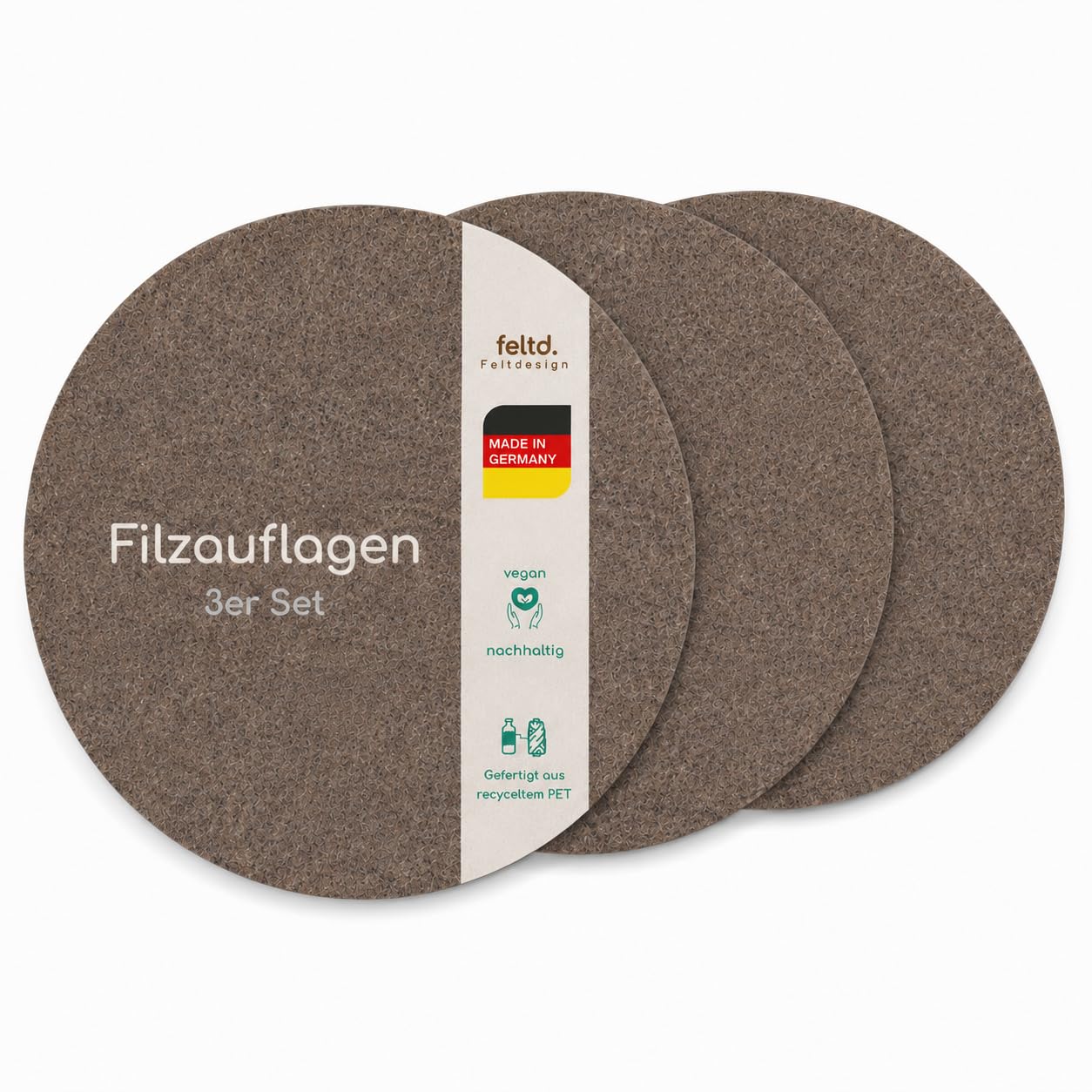 Filzauflagen 3er Set geeignet für Componibili Container Größe Ø32 cm Nachttisch rund Unterlage - fair & und nachhaltig Made in Cologne - Germany - Farbe Walnut