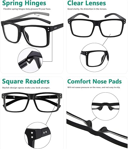 Miniatura 5 de Eyekepper Paquete de 5 lentes de lectura de gran tamaño para lectores cuadrados de marco grande para hombres y mujeres - Negro +2.50