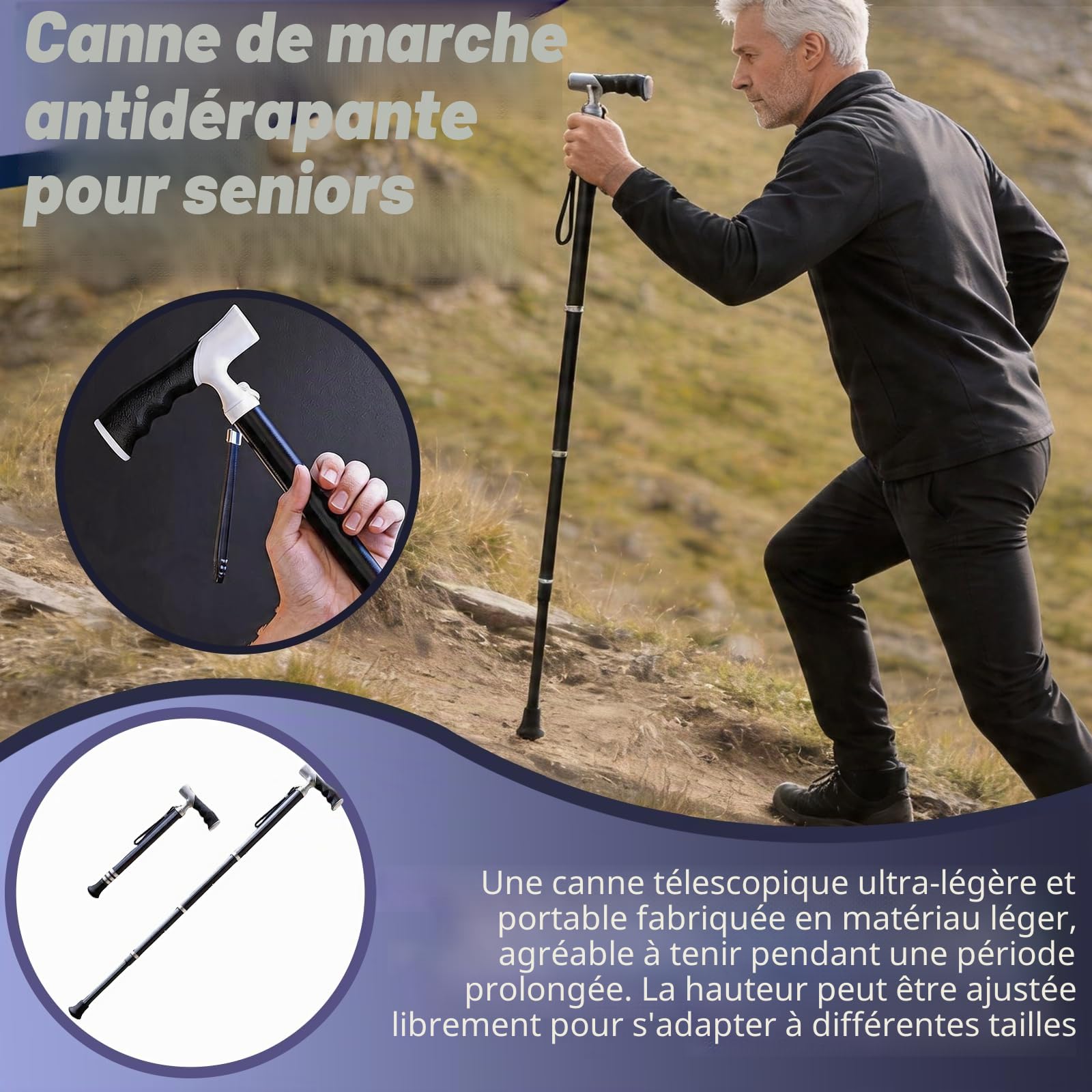 Canne de Marche, Canne Rétractable de 38,5 à 96,5 cm Bâton de Randonnée de 47,5 à 105 cm Baton de Marche 2 en 1 en Alliage de Titane avec Poignée Ergonomique et Embout en Caoutchouc Antidérapant