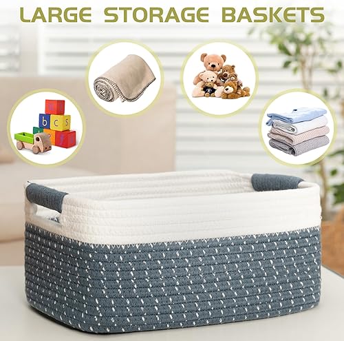 Miniatura 5 de OIAHOMY Cestas tejidas de 12.8 x 9 x 5.5 pulgadas para almacenamiento, cestas de almacenamiento para estantes, juego de 3 cestas de cuerda de