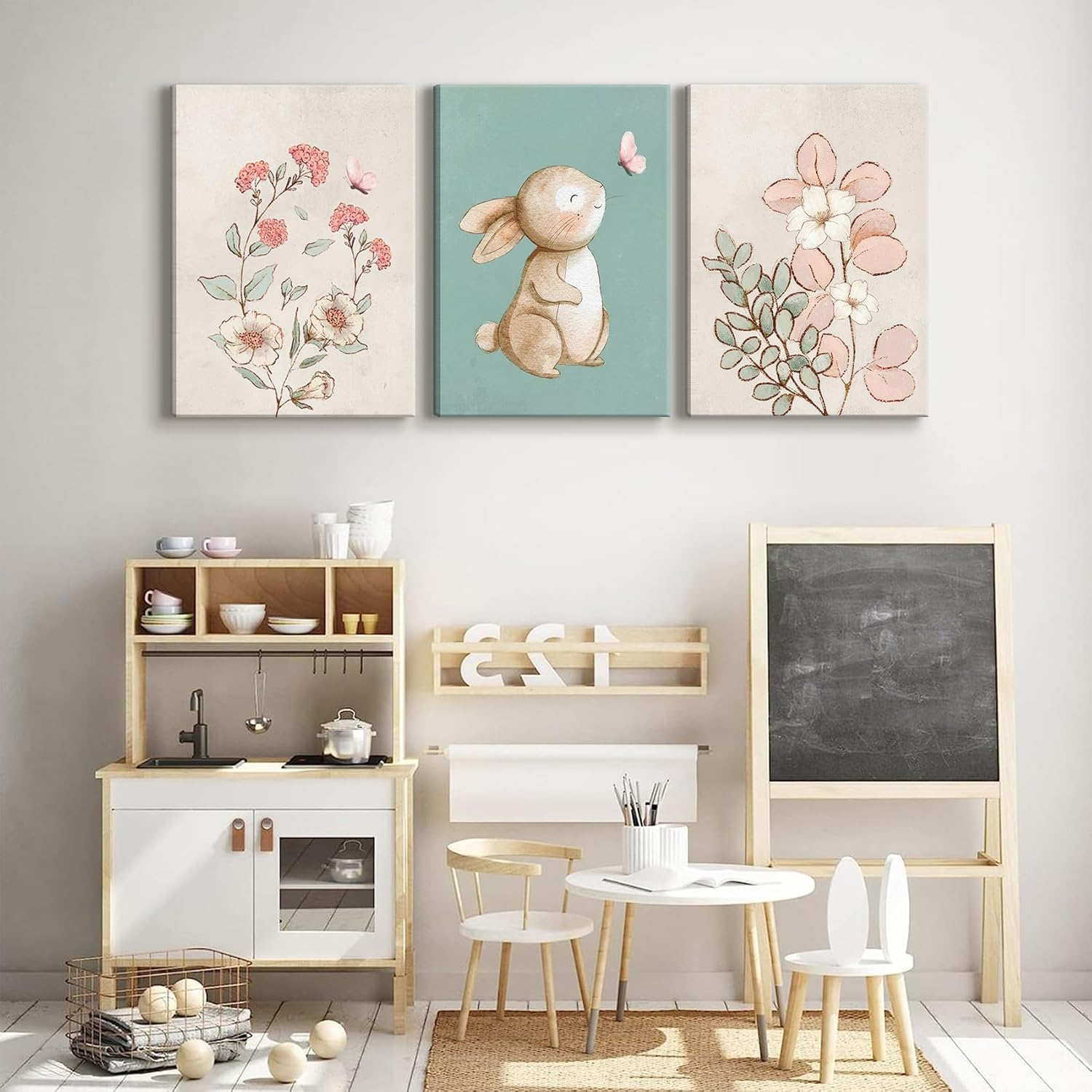 Nursery Bunny Wall Art Cute Bunny Botanical Flowers Wall Decor Pink Green Nursery Pictures Posters Girl Bedroom Canvas Prints gifts for Baby Boys and Girls Playroom paintings(12x16in)