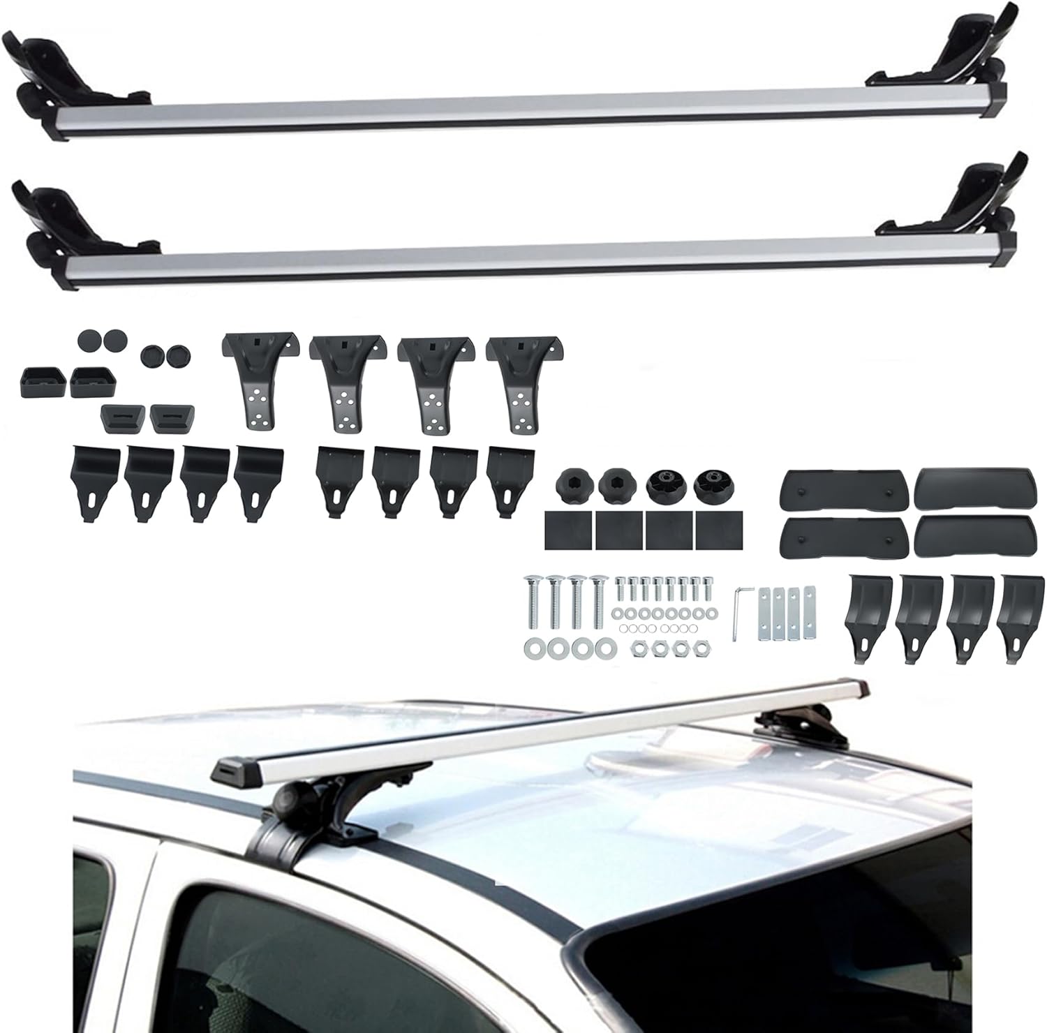 Silscvtt 48-Inch Universal Aluminum Roof Cross Bars Cargo Rack for Sedans, SUVs, Trucks - Easy Install Silver Clamps