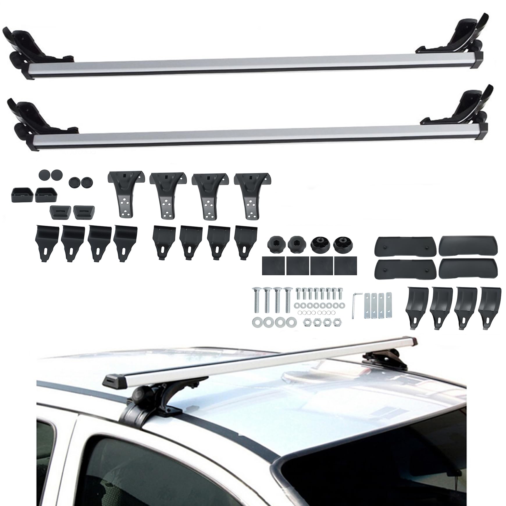 48 Inch Universal Car Top Roof Cross Bar Luggage Cargo Rack with 3 Kinds Clamp Silver Aluminum