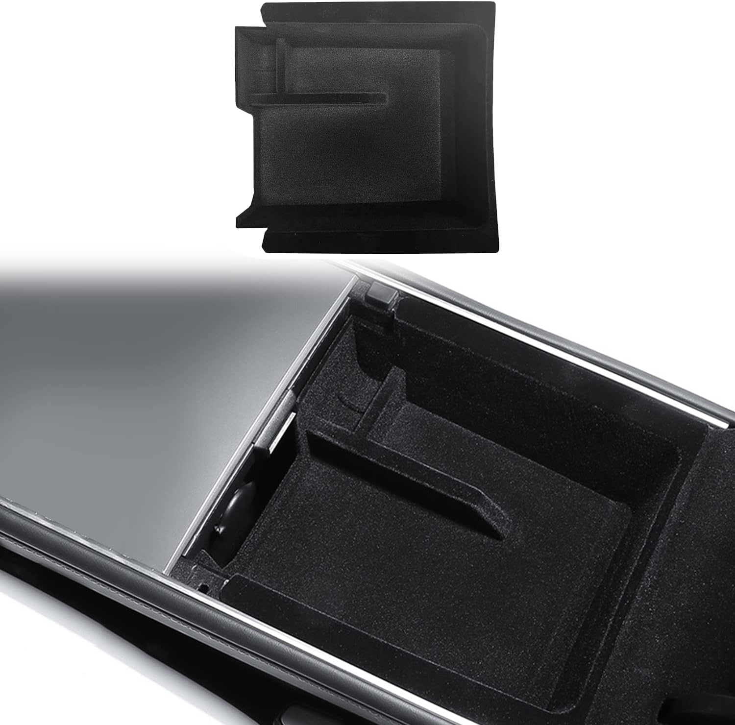 Center Console Organizer Tray for Tesla Model 3 Model Y 2021 2022 2023 Armrest Hidden Cubby Drawer Storage Box Interior Accessories TPE Rubber 2PCS Black