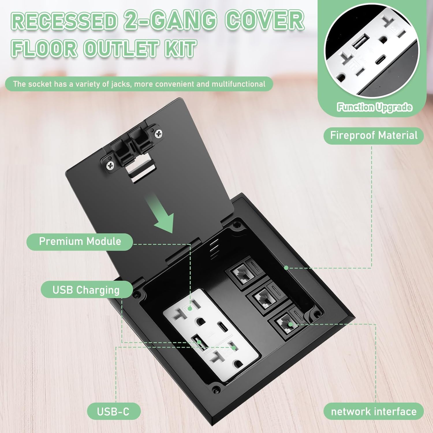 Hoolerry 2 Pack Recessed Flat Hidden Socket Kit Floor Recessed Outlet Box with 2 15A Receptacle, 4.8A 1 USB-A & 1 USB-C Port, and 3-Port RJ45 Receptacle for Floor Office Home (Black)
