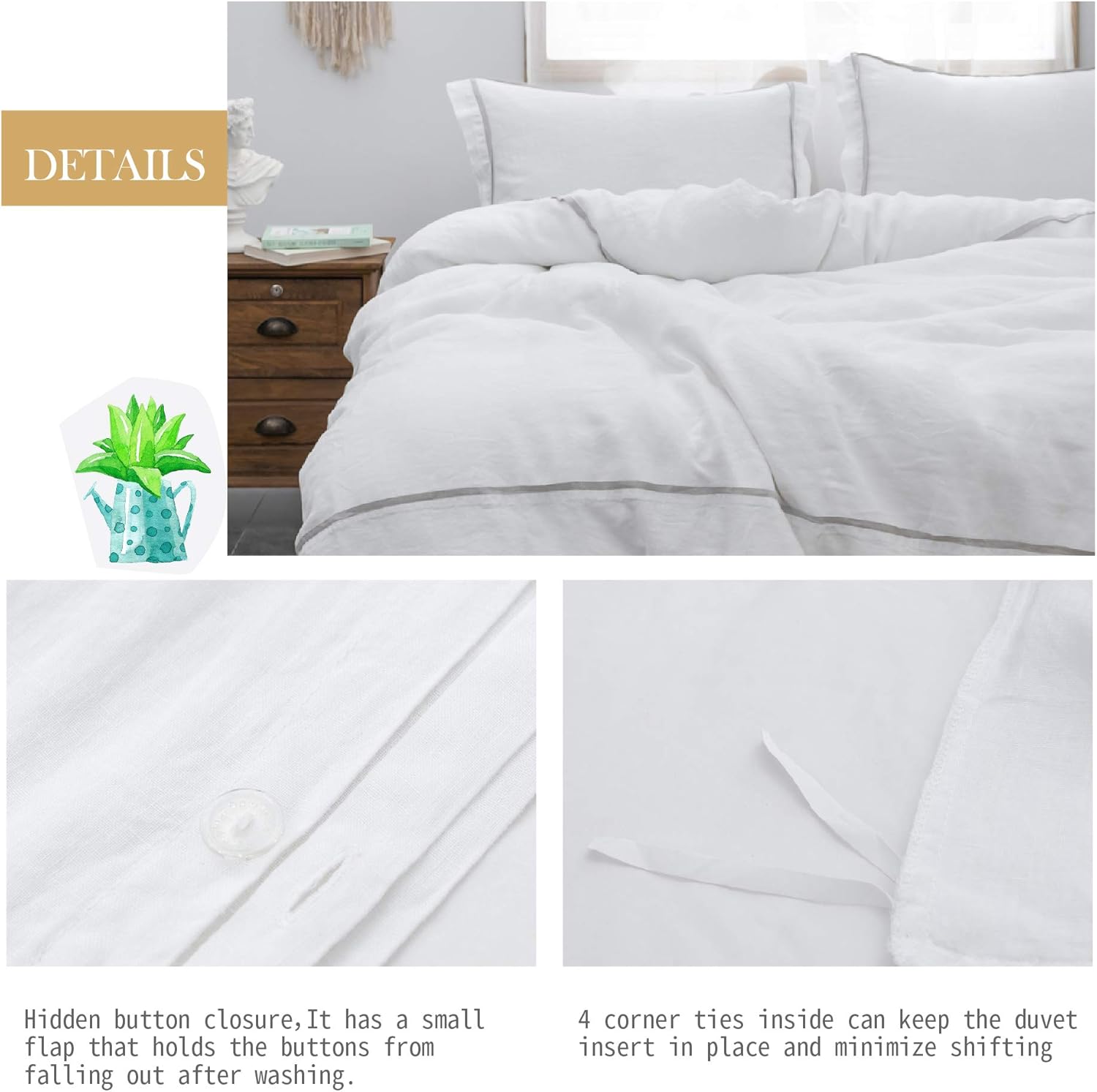 Amazon Crazy 🔥 Deals Simple&Opulence Queen Size Duvet Cover-100% French Washed Linen-3 Pieces Soft Flax Bedding with Striped Detail,1 Comforter Cover with Button Closure and 2 Pillow Shams(White,88 x 92)