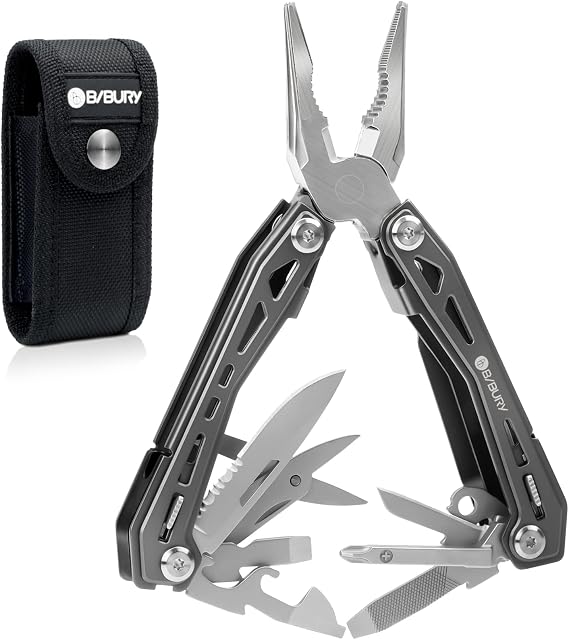 BIBURY Multitools, Portable Multi Tool Foldable Pliers with Scissors, Can Opener and Screwdriver, EDC Tools for Camping, Outdoor Activities, Repairing - Gift for Dad Men - Titanium Plating