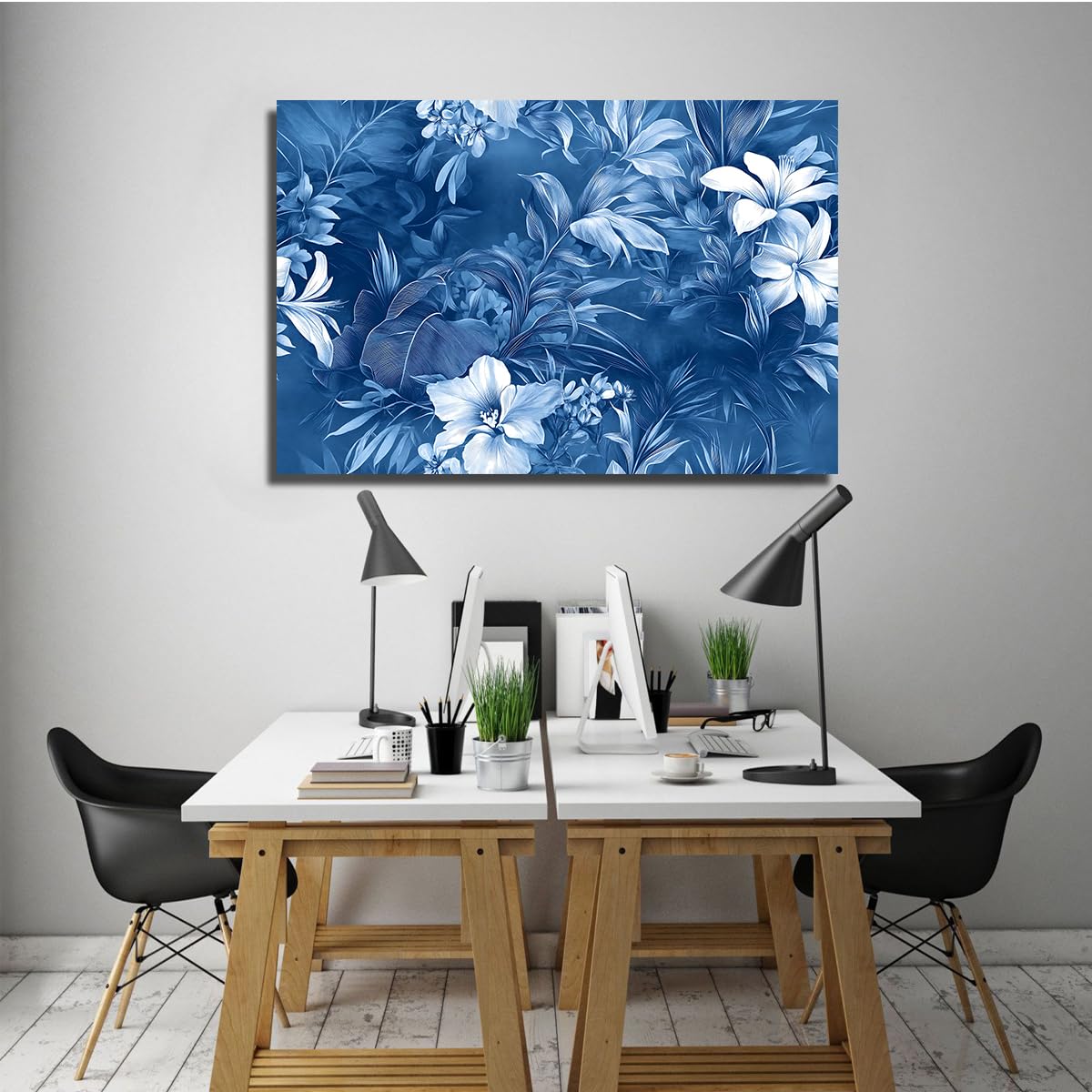 CHERHERART Art mural en toile florale tropicale bleue motif de feuilles bleu marine affiches imprimées pour la salle de bain décoration de chambre toile botanique 85x140cm sans cadre