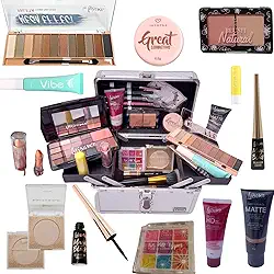 Maleta de Maquiagem Profissional Jasmyne Luisance Macrilan Rubys 129 Sombra Base Pincel Iluminador Lápis Pó Blush Primer Máscara Cílios Batom Lip Balm Demaquilante Delineador Esfumar Kabuki Completa