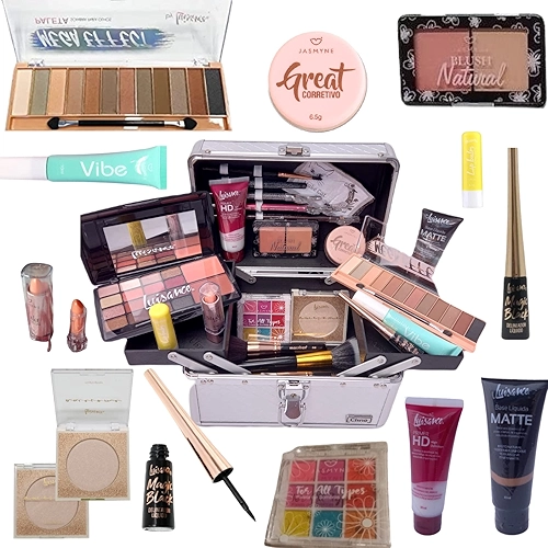 Maleta de Maquiagem Profissional Jasmyne Luisance Macrilan Rubys 129 Sombra Base Pincel Iluminador Lápis Pó Blush Primer Máscara Cílios Batom Lip Balm Demaquilante Delineador Esfumar Kabuki Completa