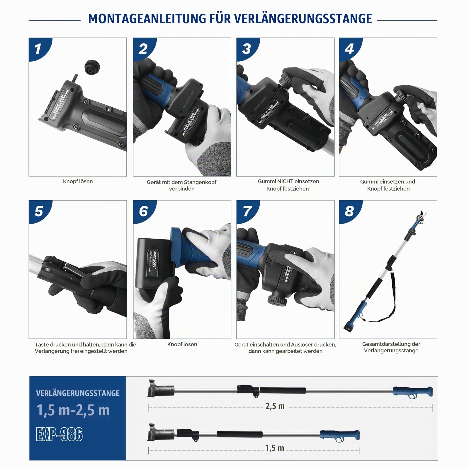 SWANSOFT 2,5m Astschere Elektrisch Verlängerungsstange, für 8608/8605Pro/PRU-40/PRU-45/PRU36/PRU30/CS-1/CS-2/5803