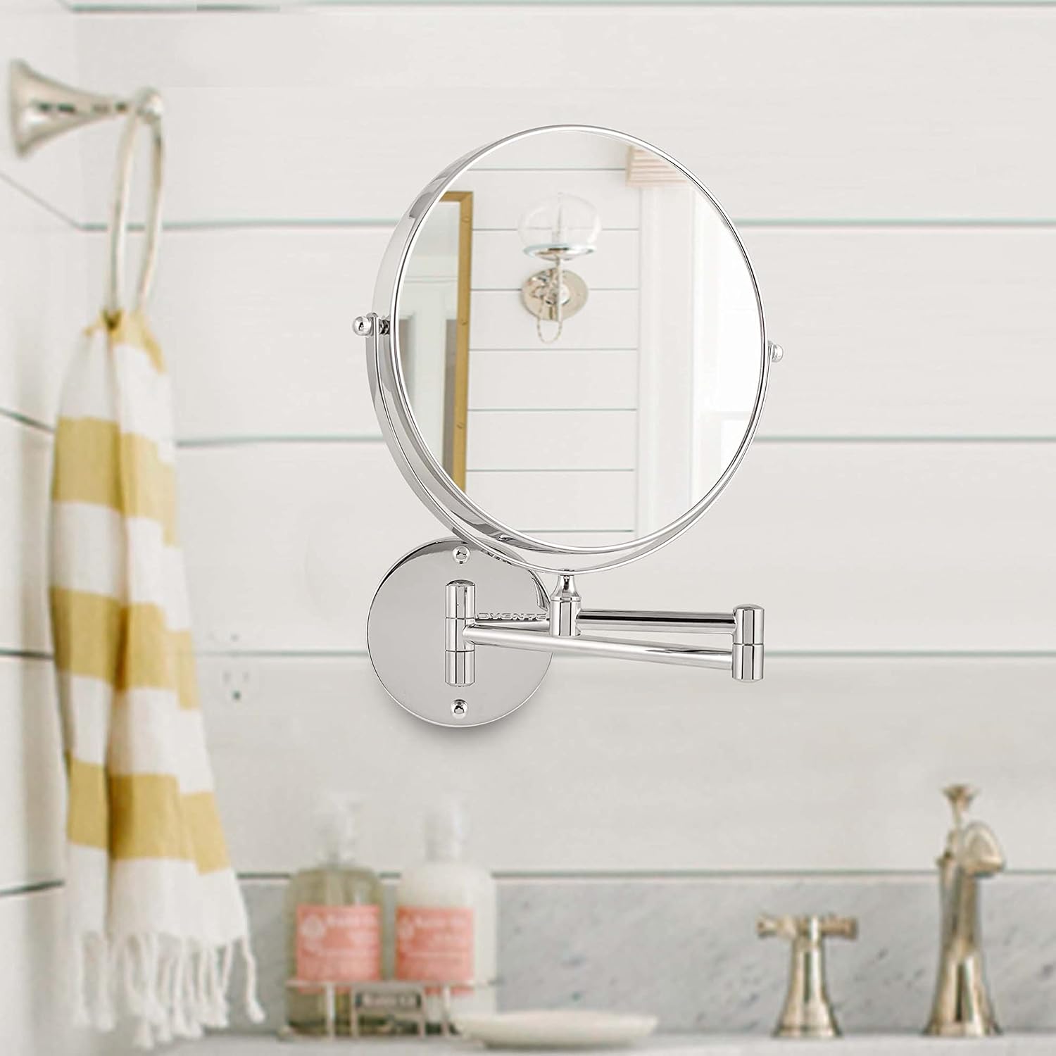 OVENTE 9" Wall Mount Makeup Mirror, 1X & 10X Magnifier, Adjustable Spinning Double Sided Round Reflection, Extend, Retractable & Folding Arm, Bathroom & Vanity Décor, Polished Chrome MNLFW90CH1X10X
