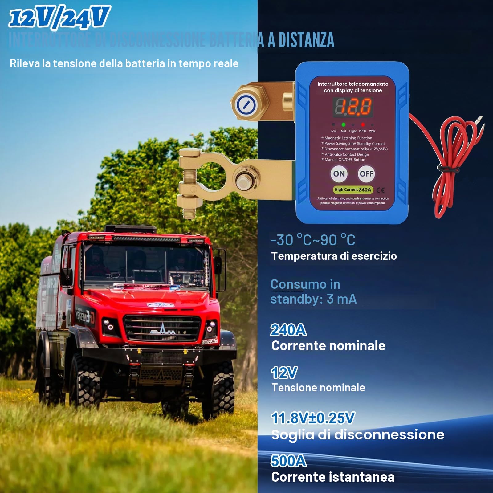 Interruttore di Separazione per Auto Senza Fili, 12 V 240 A Stacca Batteria con Display a LED di Tensione, 12v Auto Staccabatteria Automatico per Auto ATV Barca Camion RV