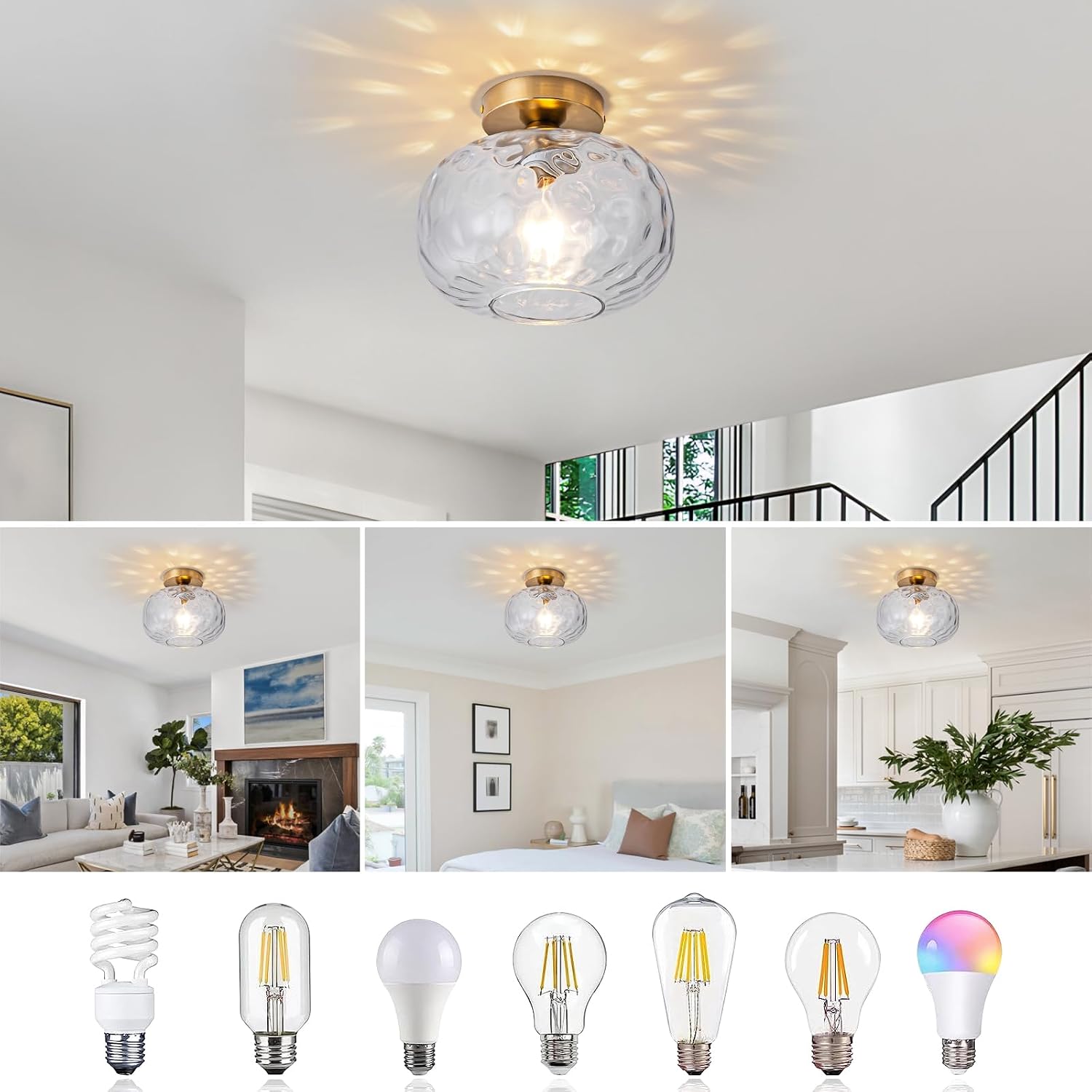WILON Bathroom Semi Flush Mount Ceiling Light with Clear Hammered Glass Lampshade, 9.84"/250mm Laundry Room Light Fixtures for Kitchen Hallway Entryway Bedroom Foyer (Brass)
