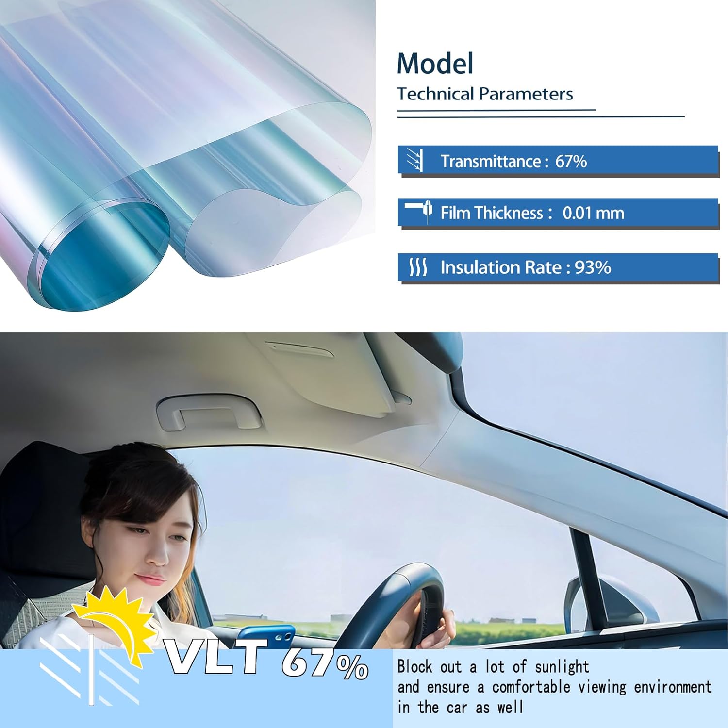 XhuangTech Chameleon Deep Blue Car Front Window Tint Solar Film Protection Scratch Resistant 67% VLT 19.29" in x 9.84' Ft Feet