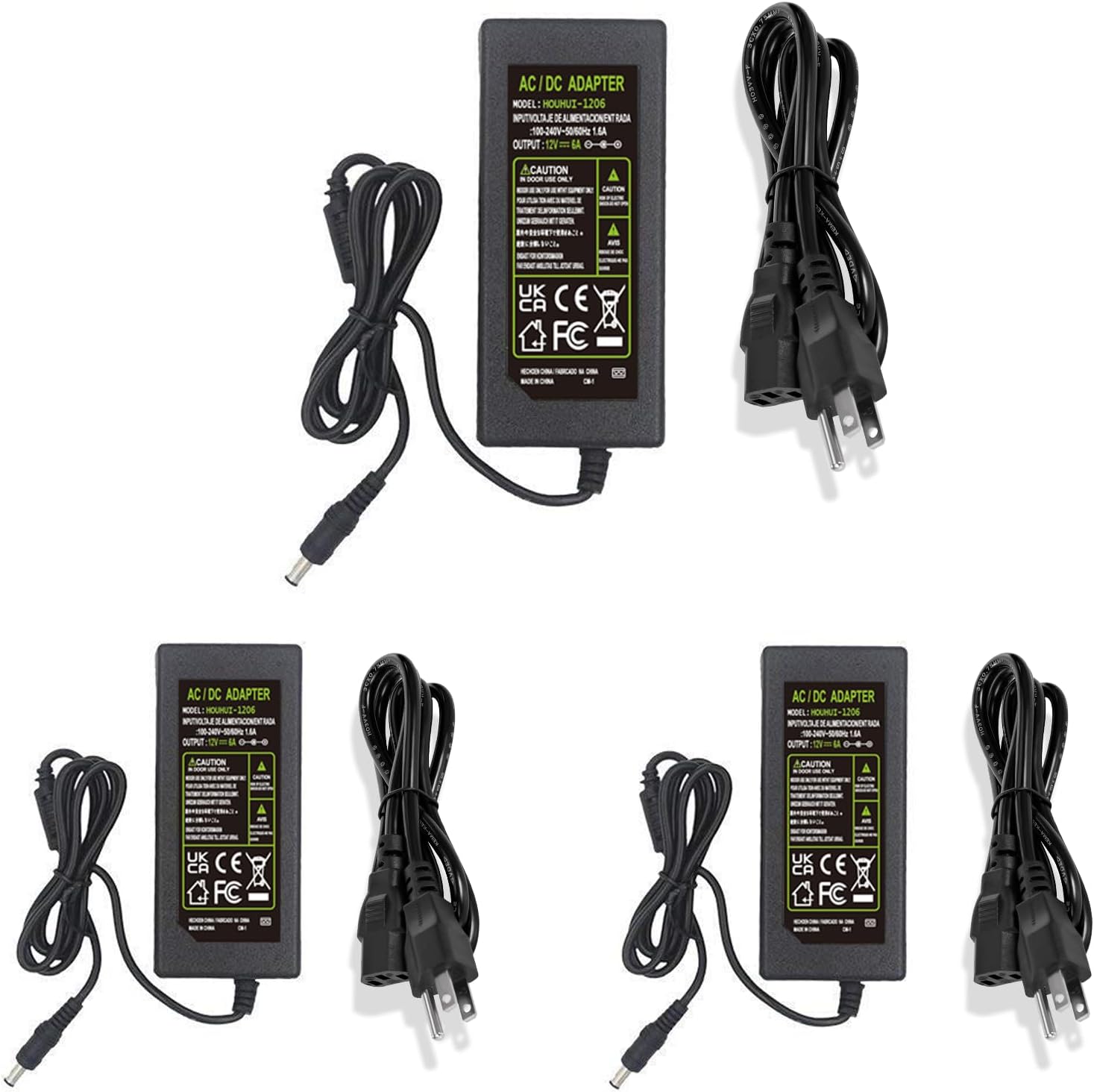 HOUHUI 12 Volt 6 Amp Power Supply Adapter Converter Regulator, 12V AC/DC Adapter with 5.5mm x 2.1mm DC Plug, Output 12V 6A 72W Wall Plug Switch DC Power Supply for DC12V 5050 LED Strip Light-3 Packs