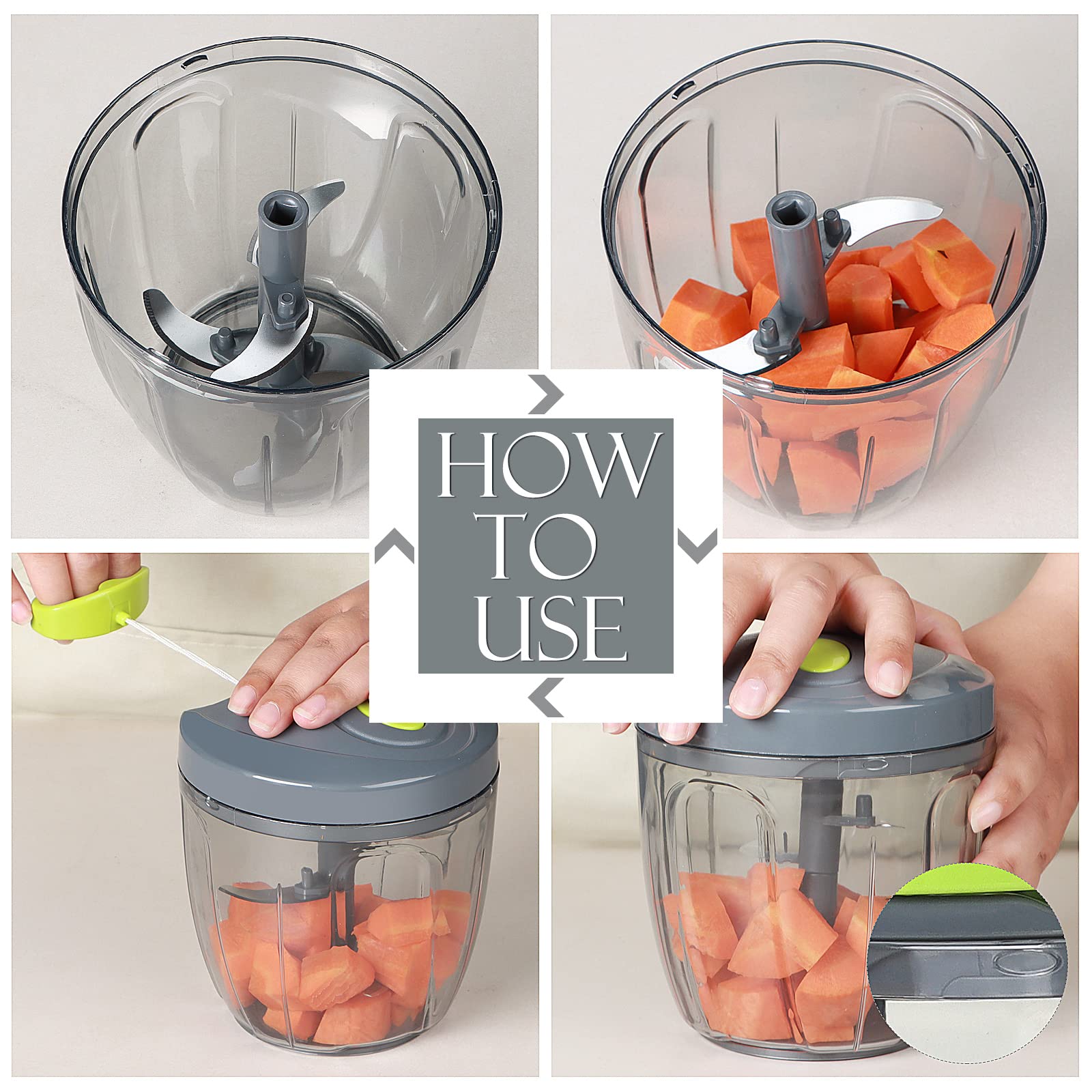 Ourokhome Molinillo de ajo, picador de cebolla, procesador de alimentos manual 2 en 1, cortador de verduras portátil para verduras, jengibre, frutas, nueces, hierbas con una hoja de mezcla, etc., 900