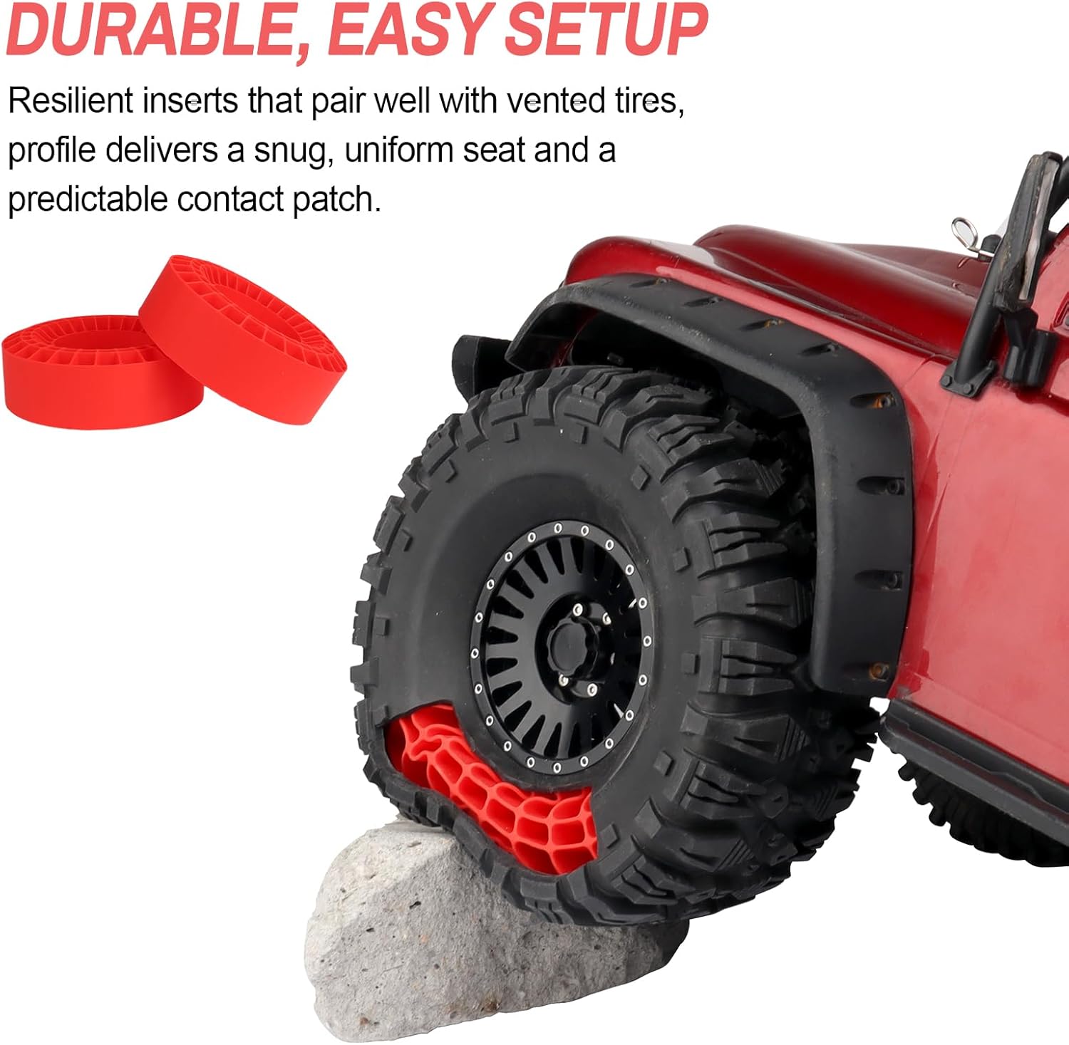 Soft 2.2" Silicone Tire Inserts for RC Crawlers, 4-Pack — Fits 132–134 mm 5.25" OD, 125×45 mm — Waterproof, Sidewall Stabilization, Traction and Climbing Control (Red)