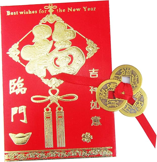 CHN Elements. Year Of Rabbit Feng Shui 3 Lucky Coins And Red Packet Money Envelop Party Gift For Prosperity Blessings