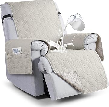 VANSOFY 100% Waterproof Recliner Chair Covers Washable, Beige, 23.6" | Non-Slip, Slipcover with Pocket, Furniture Protector, Elastic Straps, Chair Cover for Pets, Dogs