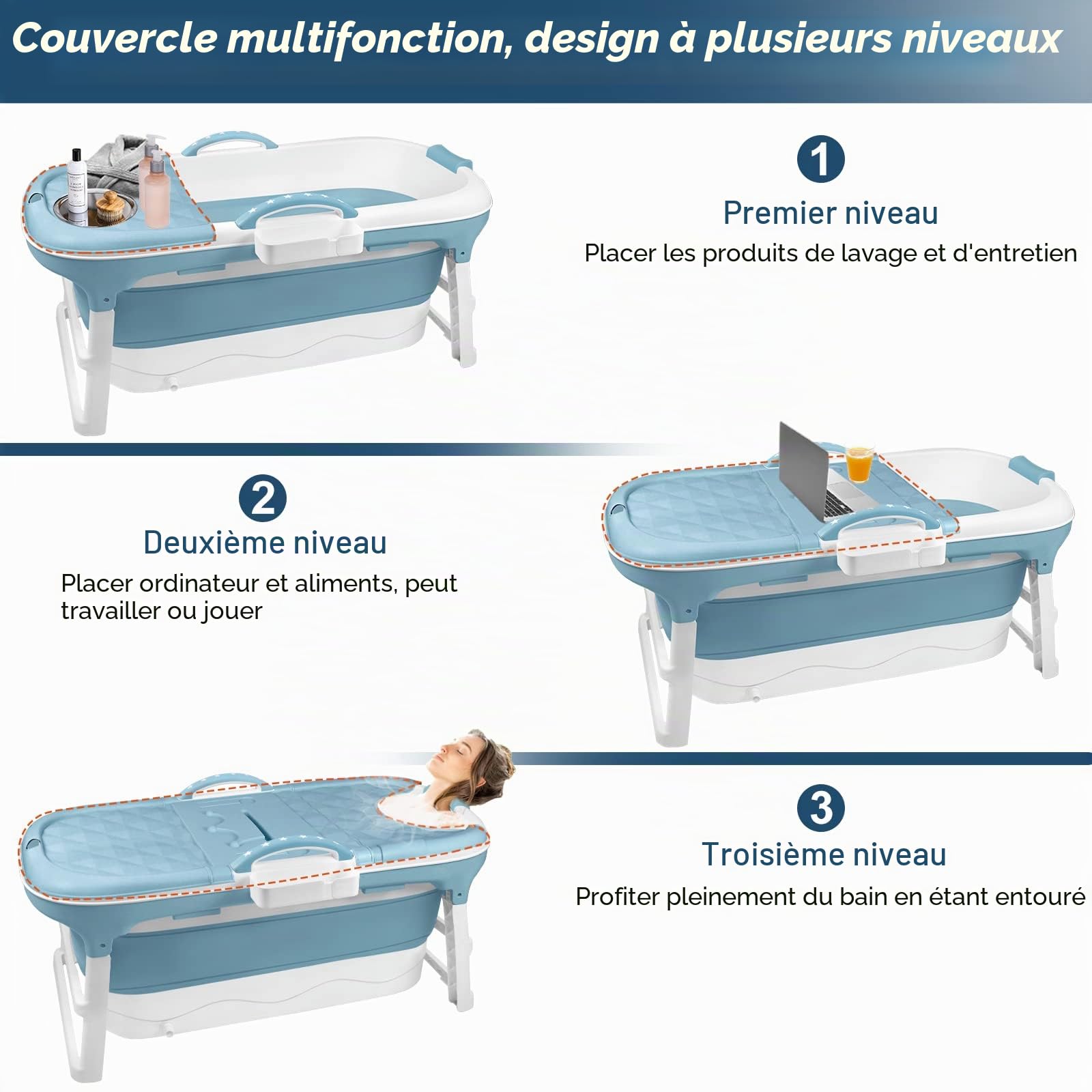 LARS360 Baignoire pliante pour adulte - Baignoire de voyage pliante avec couvercle amovible - Porte-savon, rouleaux de massage, baignoire mobile pour petite salle de bains (118 x 62 x 53 cm)