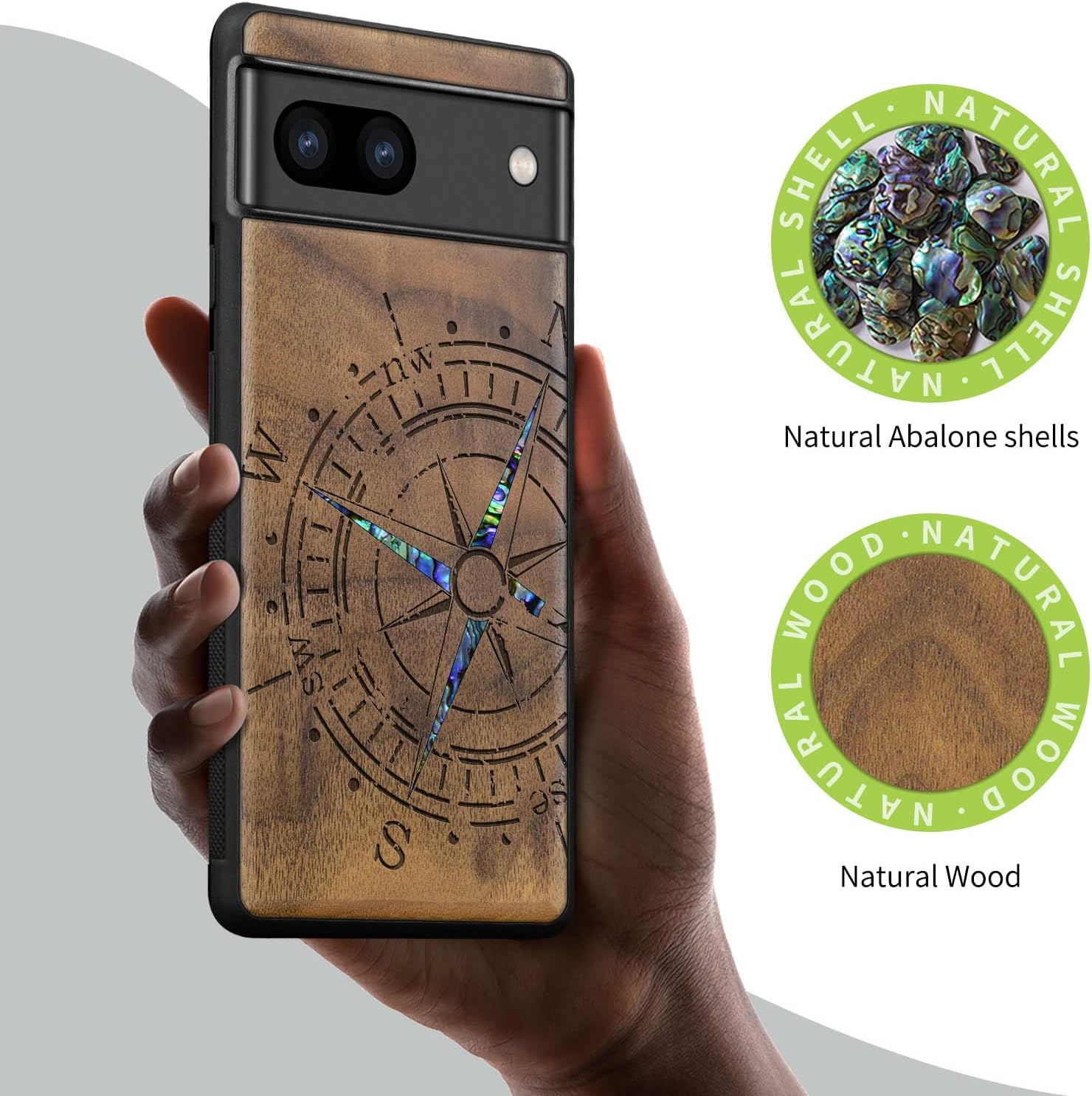 Carveit Designer Wooden Case for Google Pixel 8 Case Protective Cover [Wood Engraving & Shell Inlay] Compatible with Wireless Chargers Pixel 8 (Incomplete Compass-Walnut)