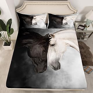 Erosebridal Horse BedÂ Set for Girls Boys Couples, Black White Horses FittedÂ Sheet Queen Size Wildlife Animal Pattern BedÂ Sheets Watercolor 3D Wild Animal Oil Print Sheets 3Pcs, No Top Sheet