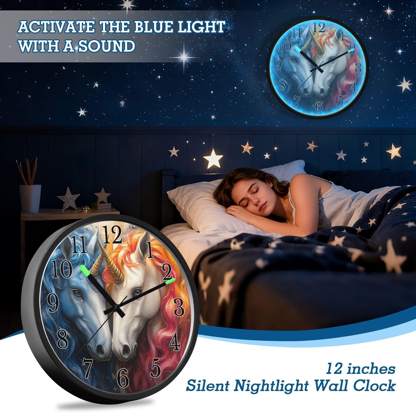 Mnsruu Divertido reloj de pared con diseño de unicornio azul y caballo blanco, luminoso, funciona con pilas, silencioso, brilla en la oscuridad, para sala de estar, cocina, 12 pulgadas