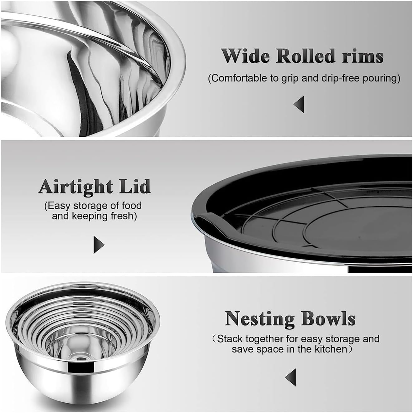 Mixing Bowl Set of 5, Stainless Steel Nesting Bowl with Airtight Lids, Metal Salad Bowls, Compatible for Baking Serving
