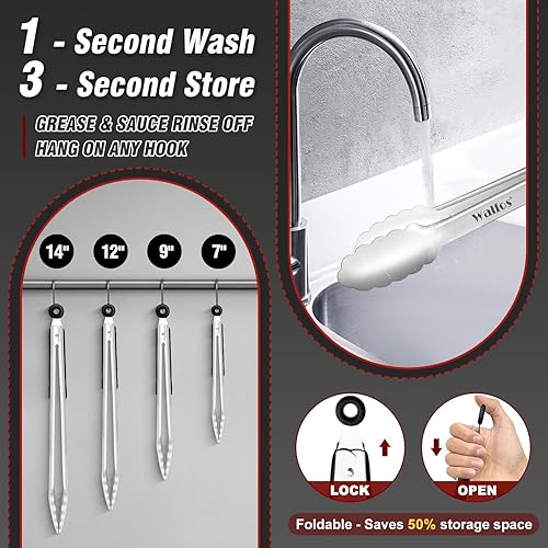 Miniatura 4 de Walfos Pinzas de cocina de acero inoxidable para cocinar, barbacoa, 7, 9, 12 y 14 pulgadas, juego de 4 pinzas de metal resistentes con bloqueo para