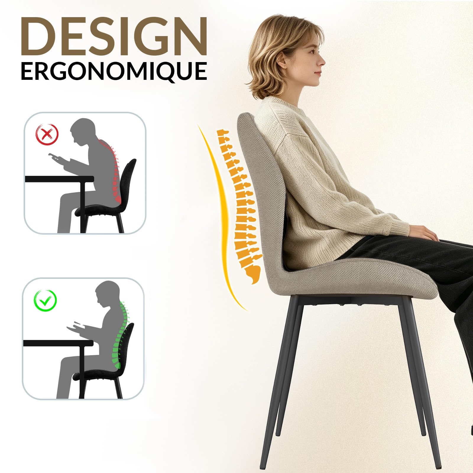 JIJIAN Lot de 6 Chaises de Salle à Manger, Chaise tapissée, Dossier en Tissu, Pieds en Métal, Gris Brun