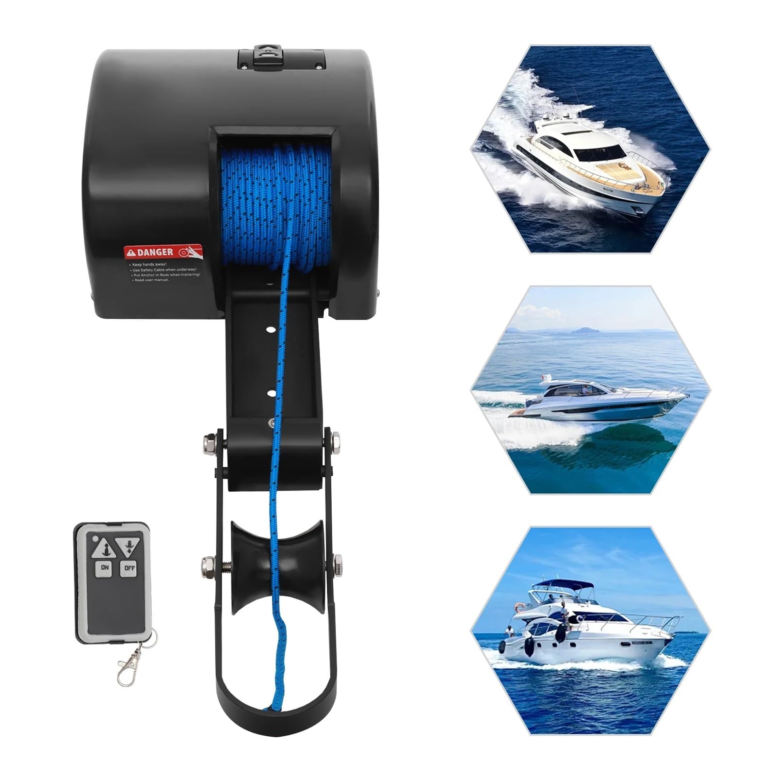 Verricello elettrico di ancoraggio con telecomando senza fili nero per barca in acqua salata 12 V 27 A 15,9 kg