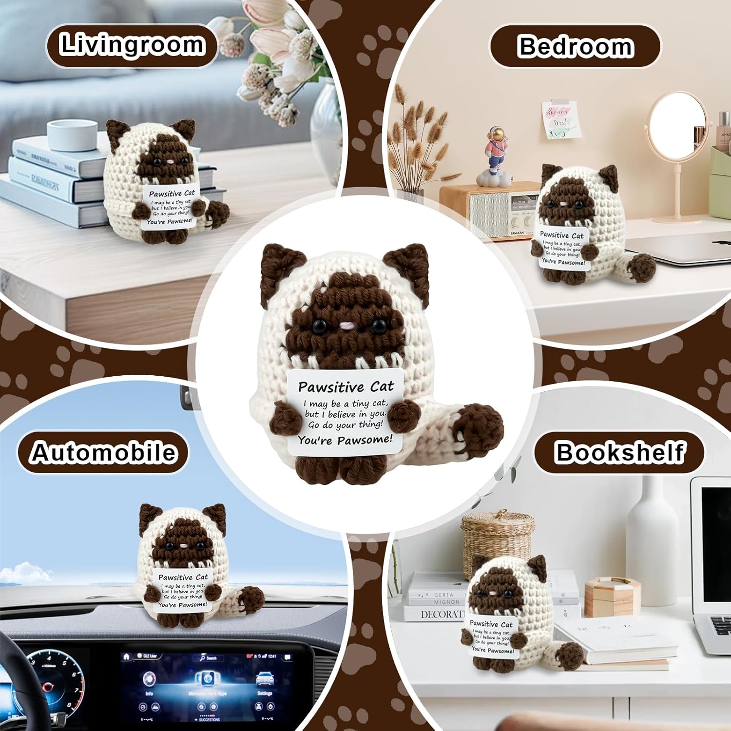 Handmade Positive Siamese Cat, Easter Basket Stuffers for Teens Boys Girls,Mini Brown Cat Crochet Animal, Emotional Support Cat, Birthday Mothers Day Graduation Gifts for Son Daughter Women Friends