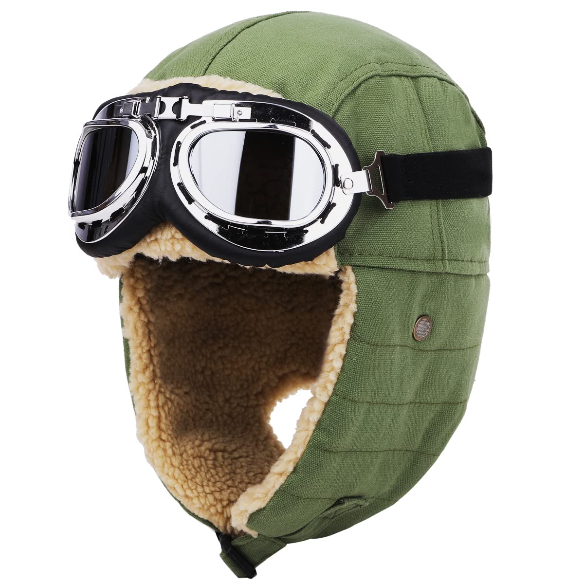 Lapset Pilot Cap, Fumofu Flying Hat, Flight Cap, Climbing Hat, Thermal Hat, Fleece-Lined, Stylish, Unisex, With Goggles, No Goggles, 4 Colors 59 cm Green goggles included