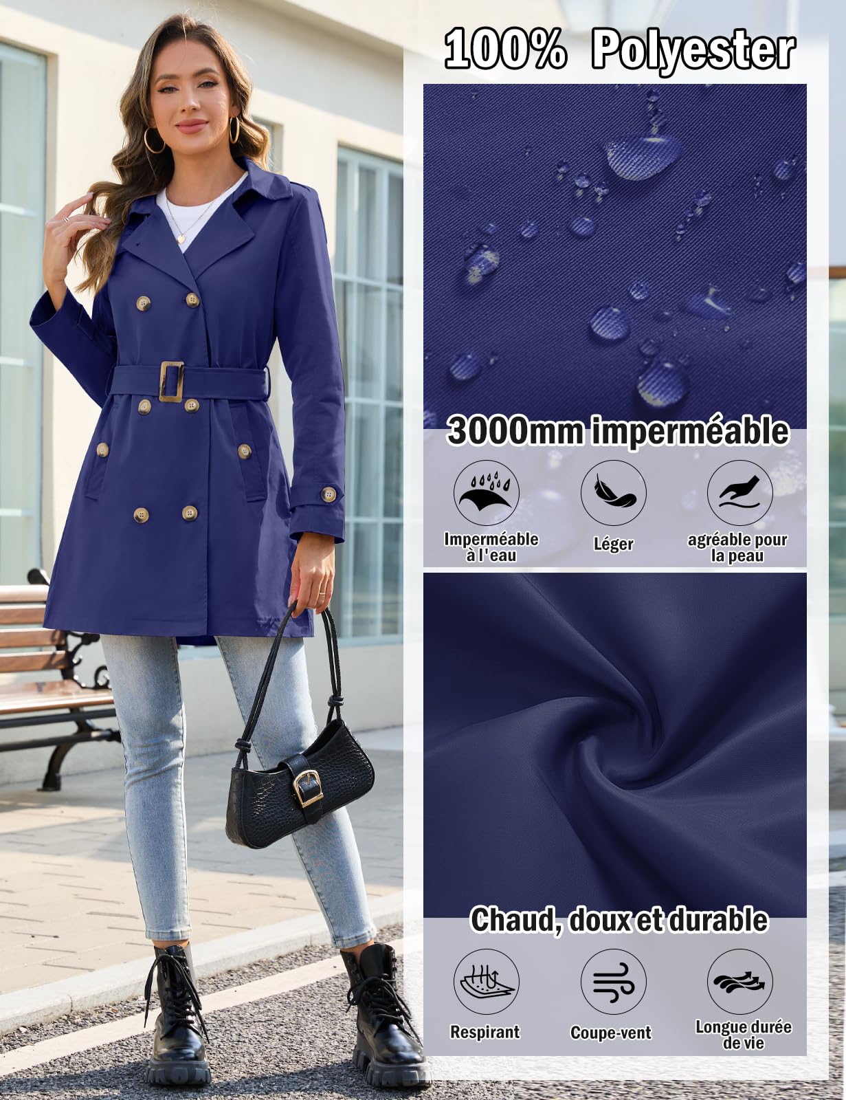 Yuson Girl Trench Coat Femme Double Boutonnage Manteau Classique Coupe Vent Trench Femme Capuche Impermeable Légère Parka mi Saison Casual Vestes Printemps Automne avec Ceinture