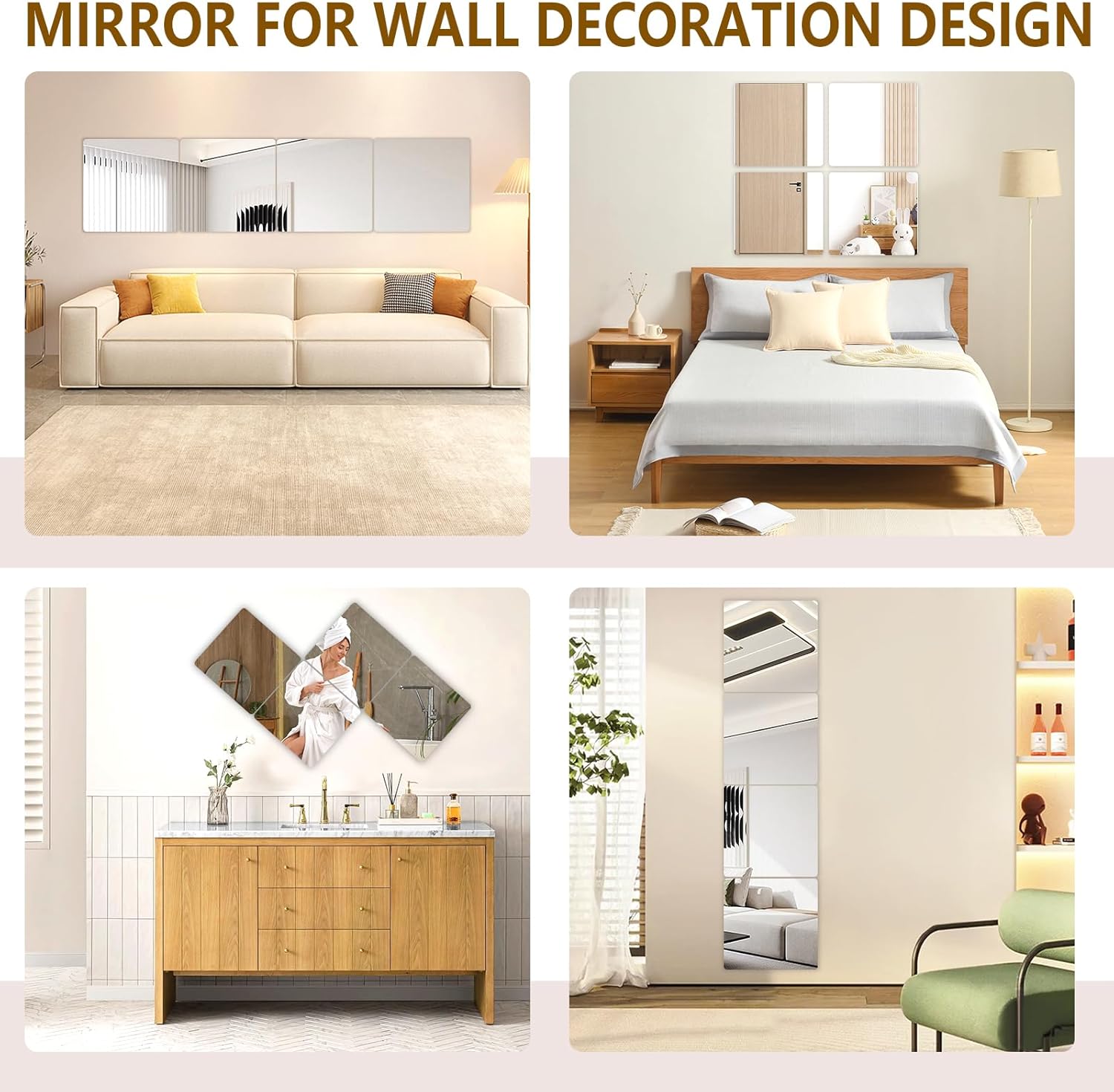 Stick on Small Mirror for Wall Decor, Plastic Non Glass Sticky Kids Safety Toddler Mirrors, 4 Pack 14”x14” Acrylic Mirror Tiles, Shatterproof Mirrors Sheet for Bedroom, Unbreakable Adhesive Mirror's