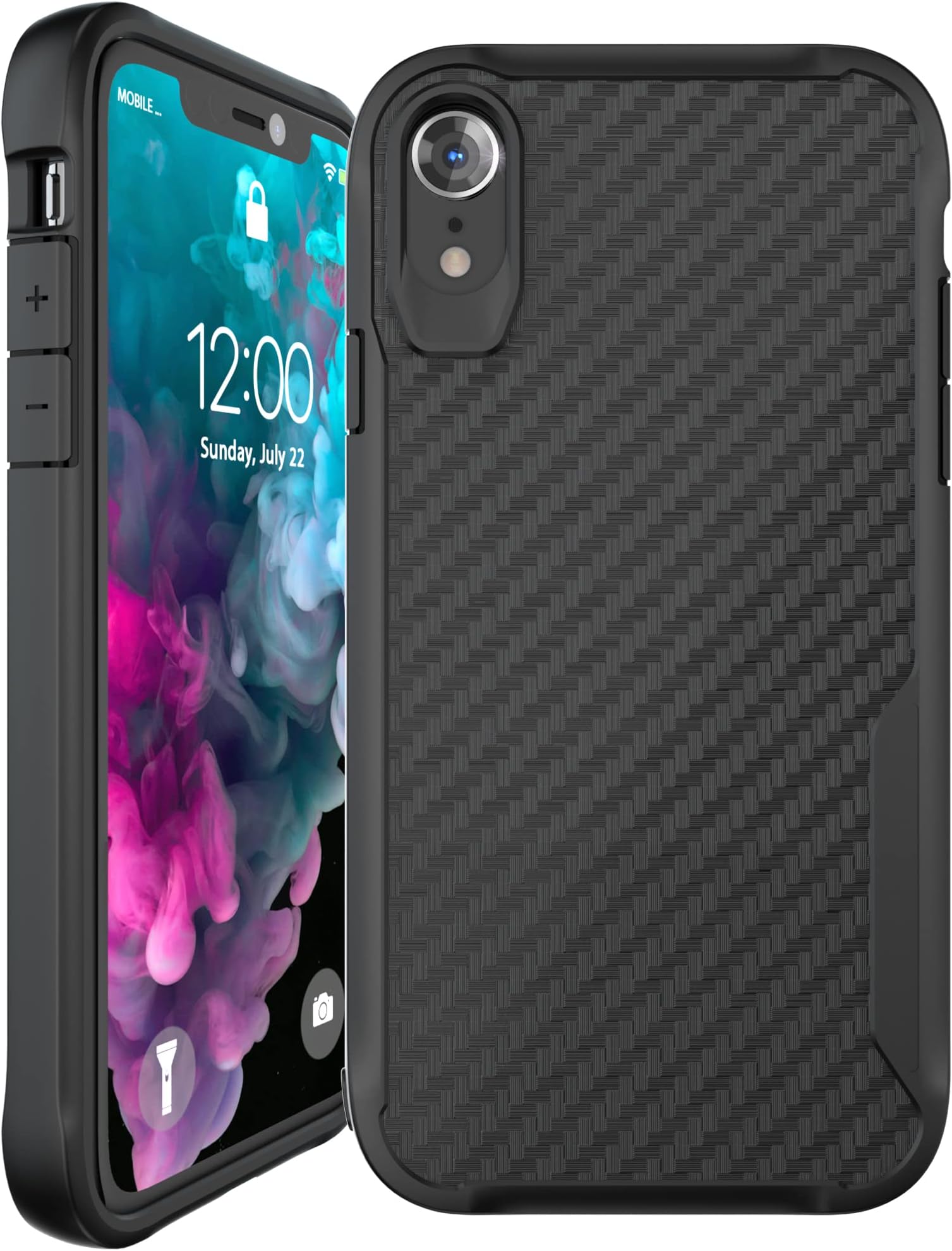 Kitoo Carbon Fiber Pattern Slim Case Compatible with iPhone XR, Shockproof 10ft. Drop Tested, Wireless Charging Compatible - Black